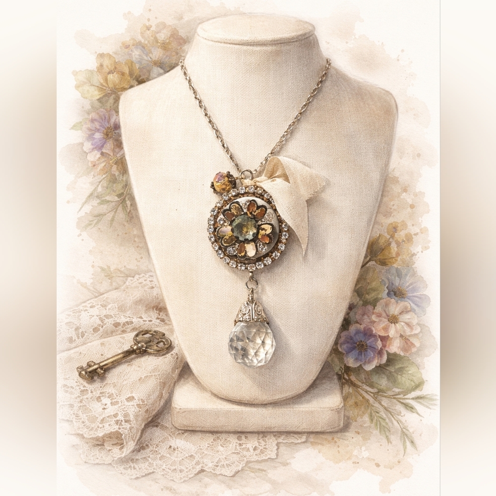 Handcrafted Necklace Wirh Pocjet Watch Parts Heirloom , Keys, Buttons, Cystal 24